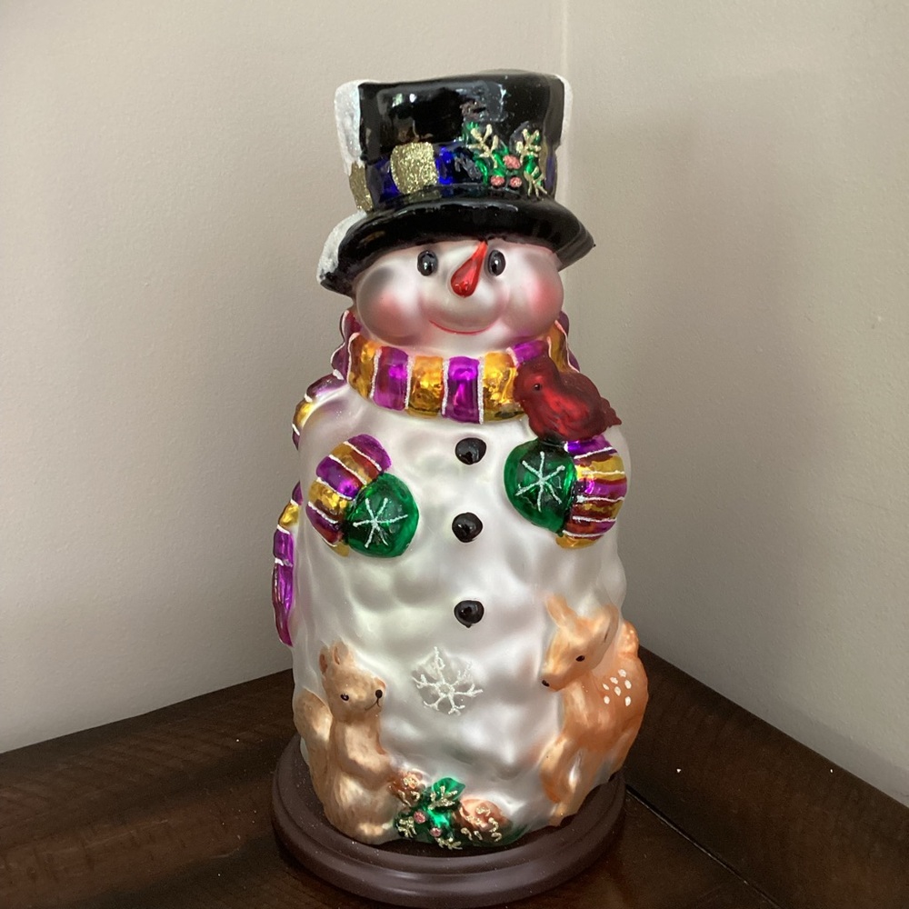 Thomas Pacconi 30 Years Classics Blown Glass Snowman 14” Wooden Base vintage